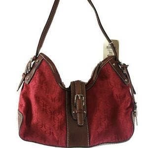 NEW Fossil Signature Hobo Red Canvas & Leather Bag